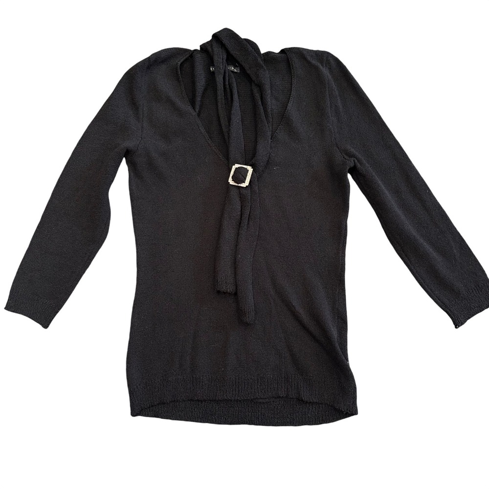 Bette Paige Black Knit Scarf Neck Sweater Rhinestone Buckle Long Sleeve Small